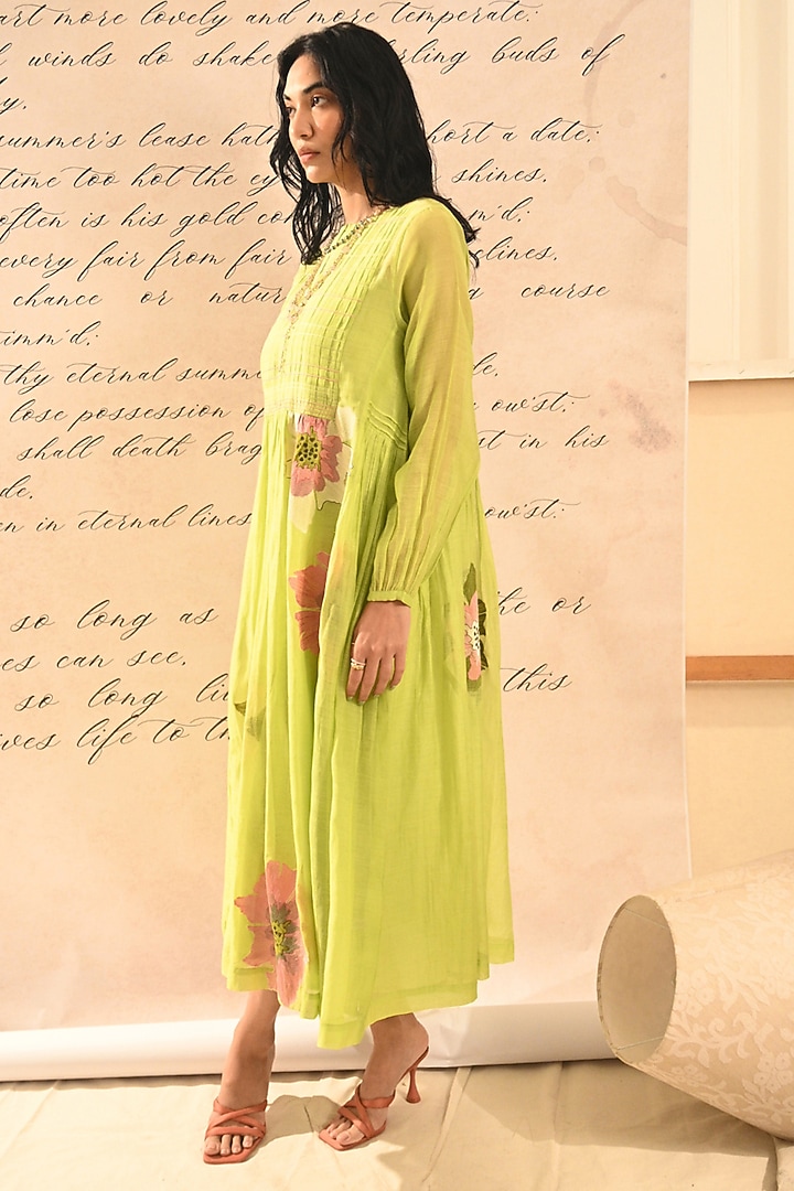 Green Chanderi Floral Embroidered Gathered Vacation Dress by Half Full Curve at Pernia's Pop Up Shop