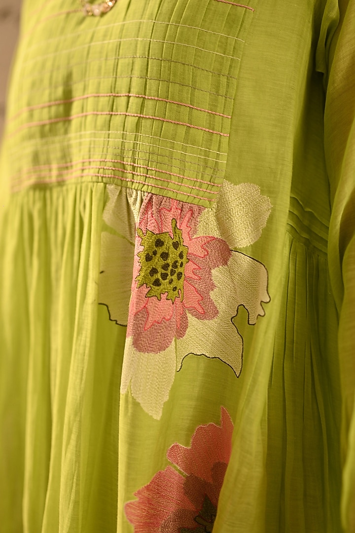 Green Chanderi Floral Embroidered Gathered Vacation Dress by Half Full Curve at Pernia's Pop Up Shop