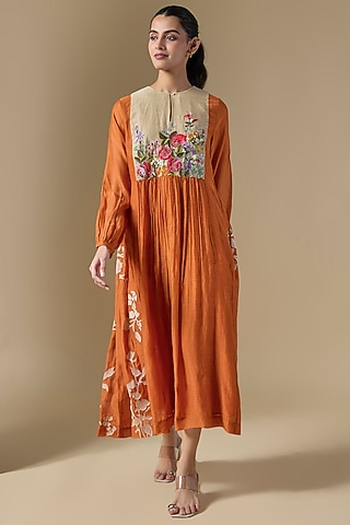 Orange Fine Chanderi Hand Embroidered Dress by Half Full Curve