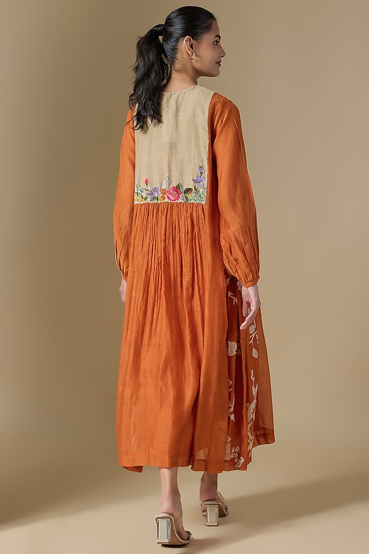 Orange Fine Chanderi Hand Embroidered Vacation Dress by Half Full Curve at Pernia's Pop Up Shop