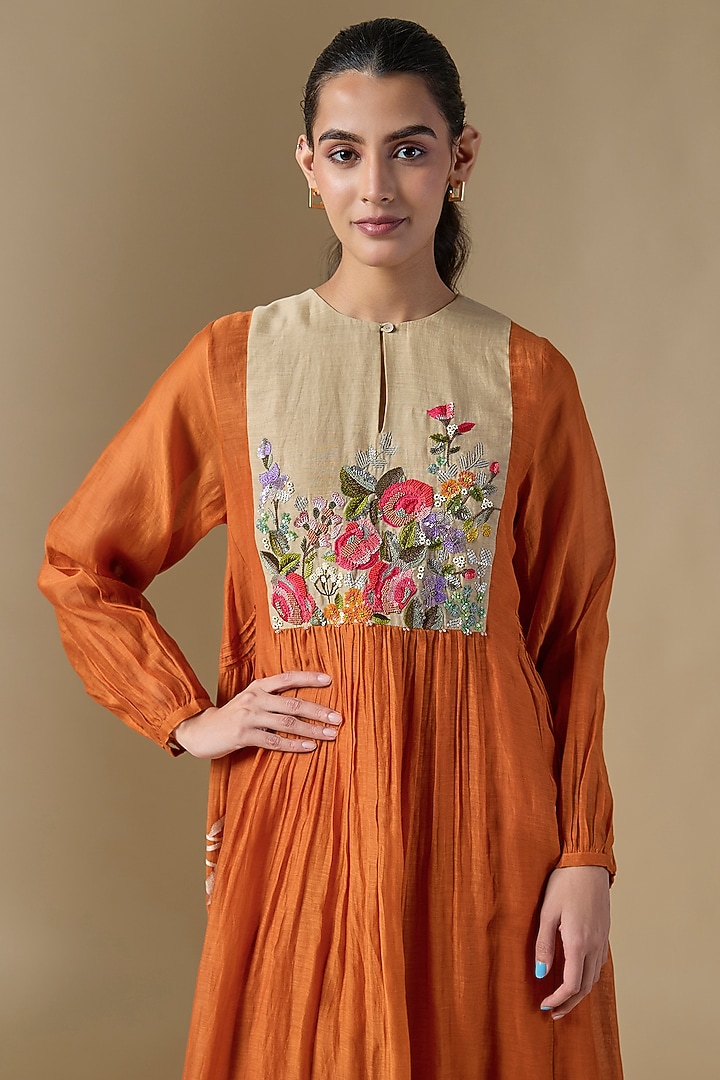Orange Fine Chanderi Hand Embroidered Vacation Dress by Half Full Curve at Pernia's Pop Up Shop