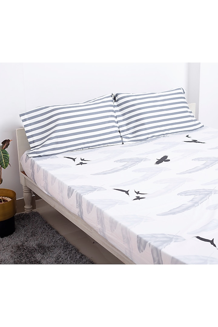 White, Grey & Black Feathers Printed Bedsheet Set by H2H