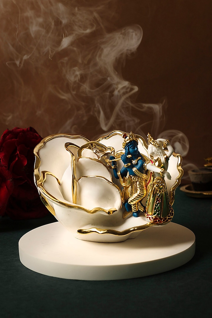 White & Gold Lord Krishna & Radha Sculpture by H2H