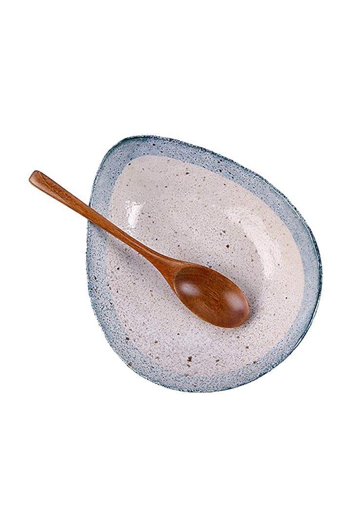 Blue Ceramic Egg Ramen Bowl With Wooden Spoon by H2H at Pernia's Pop Up Shop