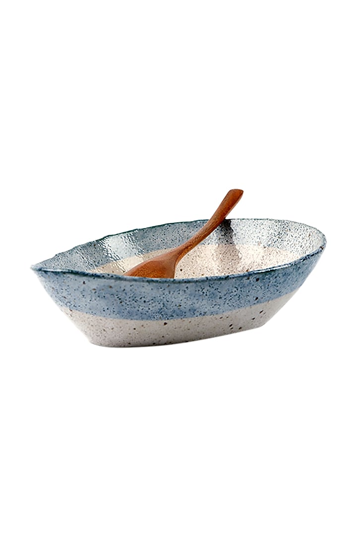 Blue Ceramic Egg Ramen Bowl With Wooden Spoon by H2H at Pernia's Pop Up Shop