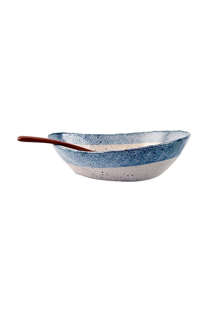 Blue Ceramic Egg Ramen Bowl With Wooden Spoon by H2H at Pernia's Pop Up Shop