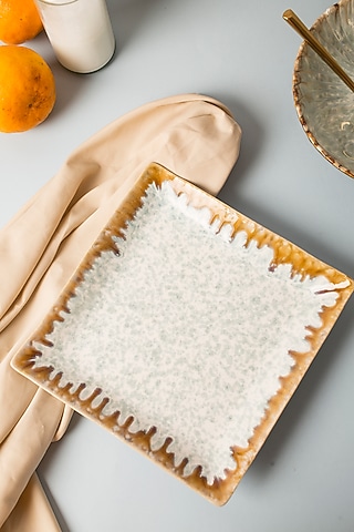 Beige & Ivory Stoneware Handmade Square Platter by H2H