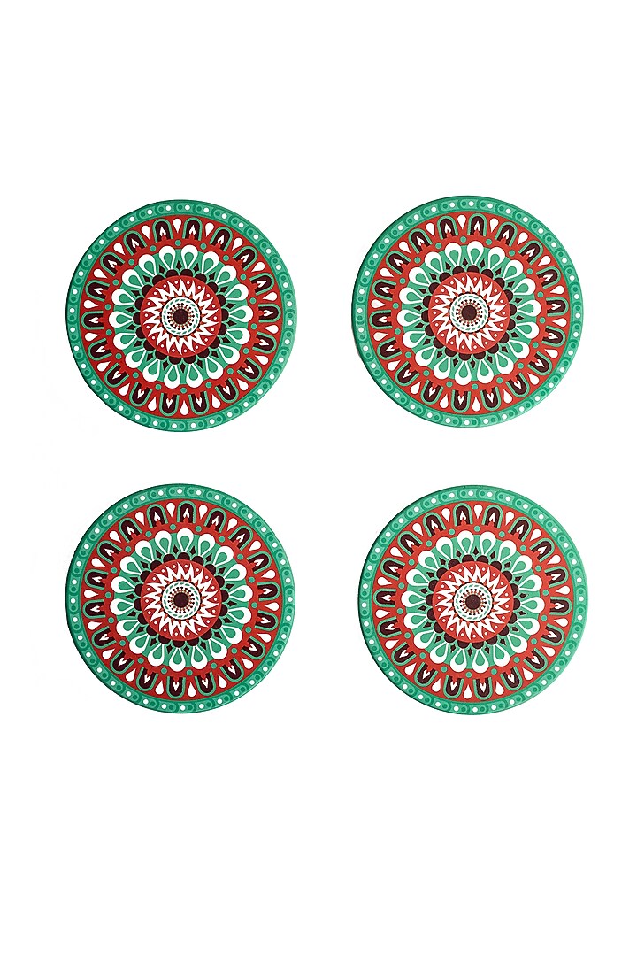 Green Ceramic Mandala Printed Coasters (Set Of 4) by H2H at Pernia's Pop Up Shop