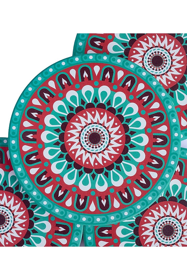 Green Ceramic Mandala Printed Coasters (Set Of 4) by H2H at Pernia's Pop Up Shop