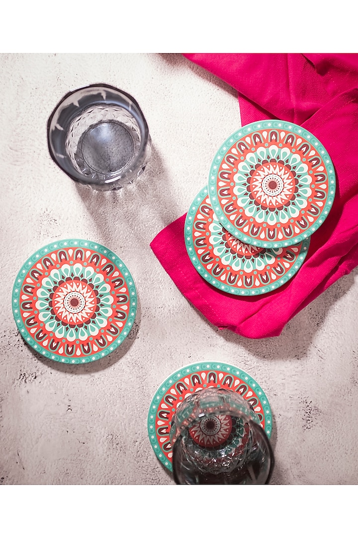 Green Ceramic Mandala Printed Coasters (Set Of 4) by H2H