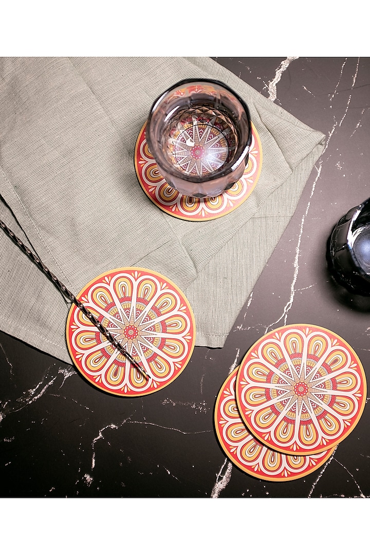 Red Ceramic Mandala Printed Coasters (Set Of 4) by H2H