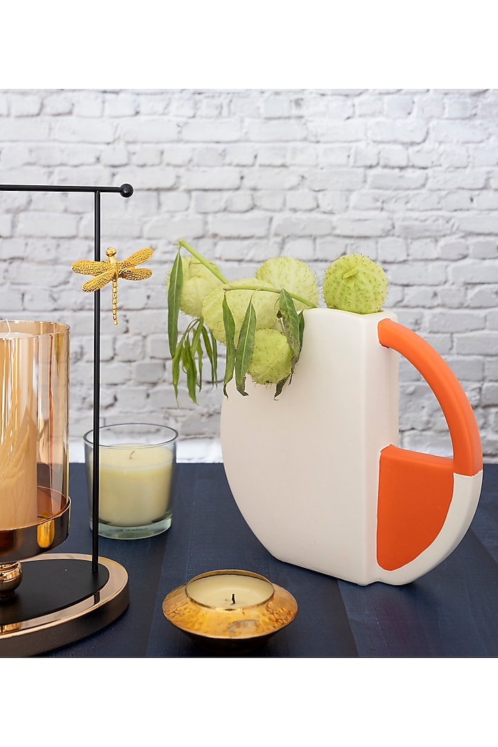 Matte White & Orange Finish Ceramic Half-Circular Vase by H2H