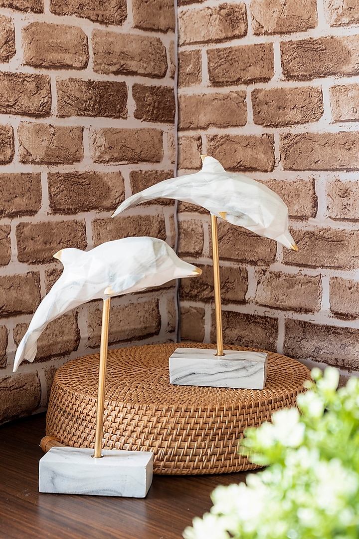 White Polyresin Dolphin On Stand Sculptures (Set of 2) by H2H