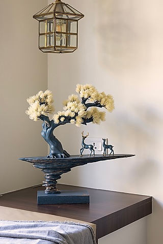 Blue & Off-white Polyresin Deer On A Rise Sculpture by H2H