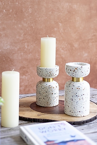 White Terrazzo Candle Holder Set by H2H
