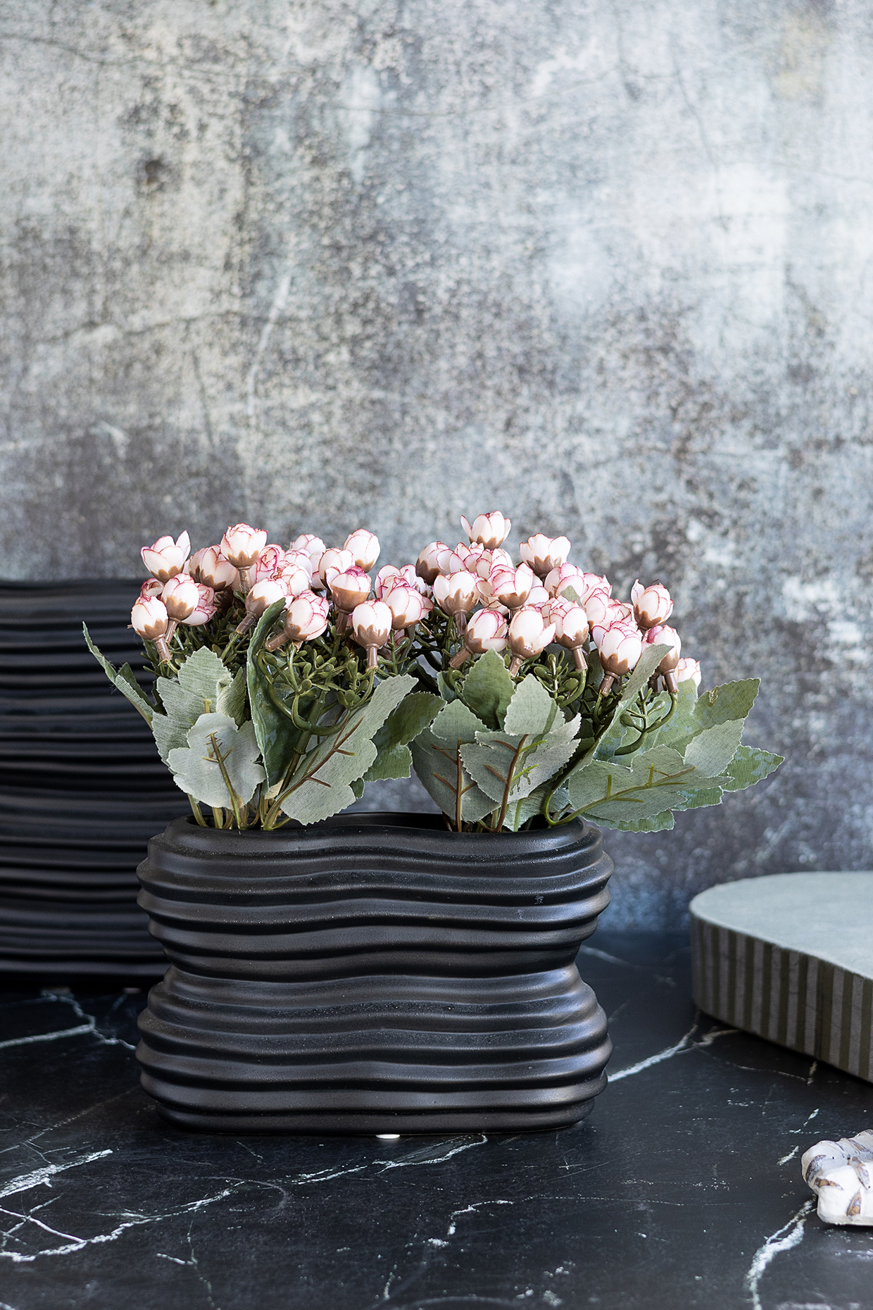 Black Polyresin Rectangular Wave Textured Vase by H2H at Pernia's Pop Up Shop