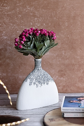 White Ceramic Flattened Funnel Vase by H2H