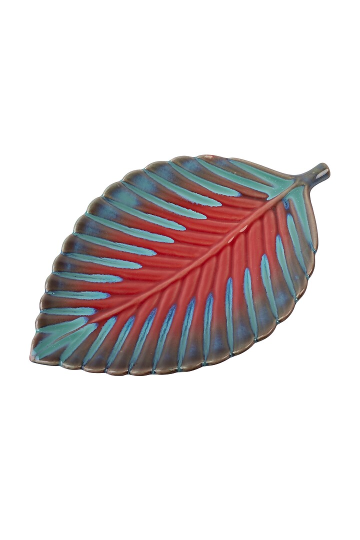 Red & Cerulean Blue Ceramic Leaf Platter by H2H at Pernia's Pop Up Shop