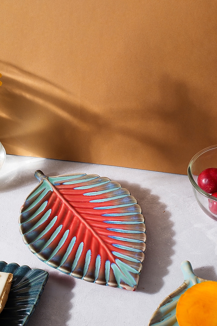 Red & Cerulean Blue Ceramic Leaf Platter by H2H