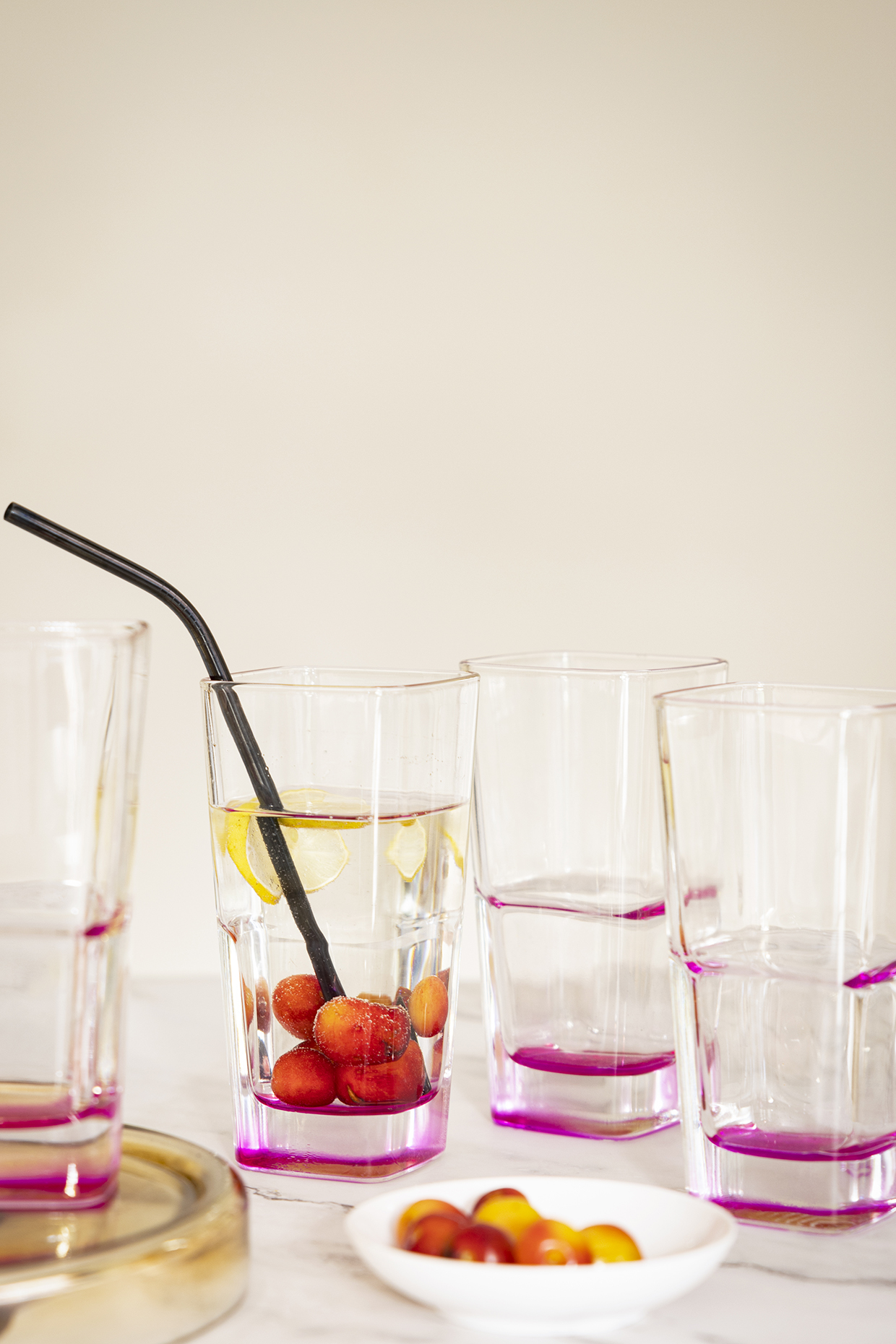 Squarish Clear Tall Glasses With Fuchsia Pink Design (Set of 4) by H2H at Pernia's Pop Up Shop