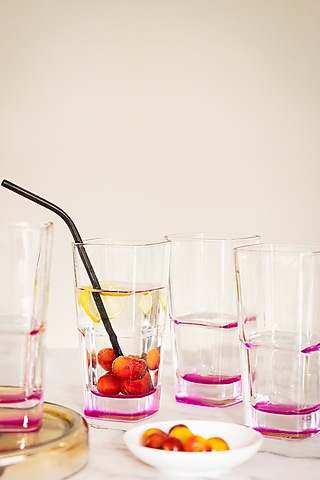 Squarish Clear Tall Glasses With Fuchsia Pink Design (Set of 4) by H2H