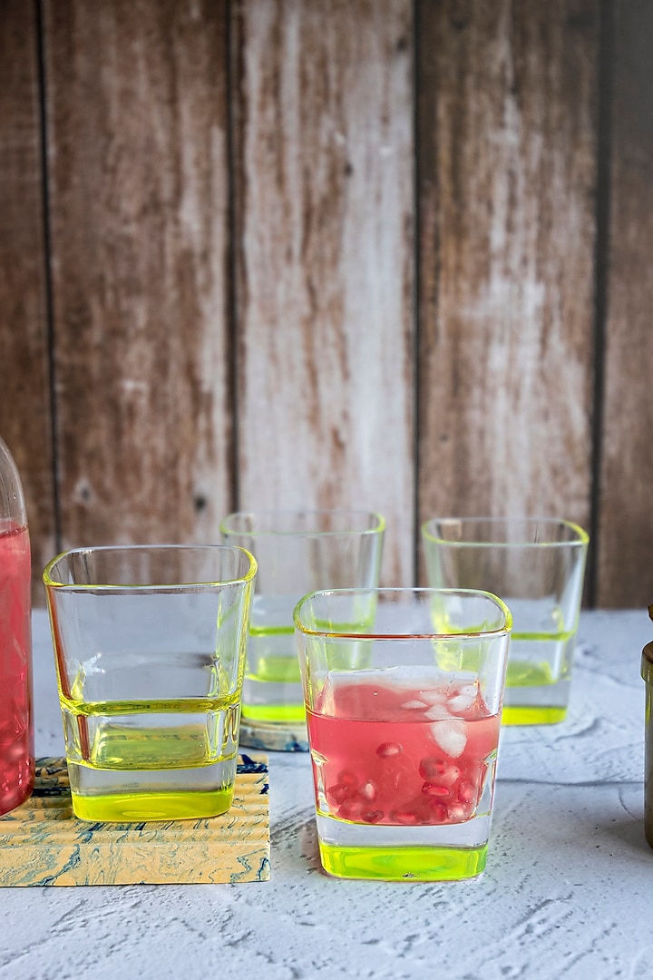 Squarish Clear Glasses With Lemon Yellow Design (Set of 4) by H2H at Pernia's Pop Up Shop