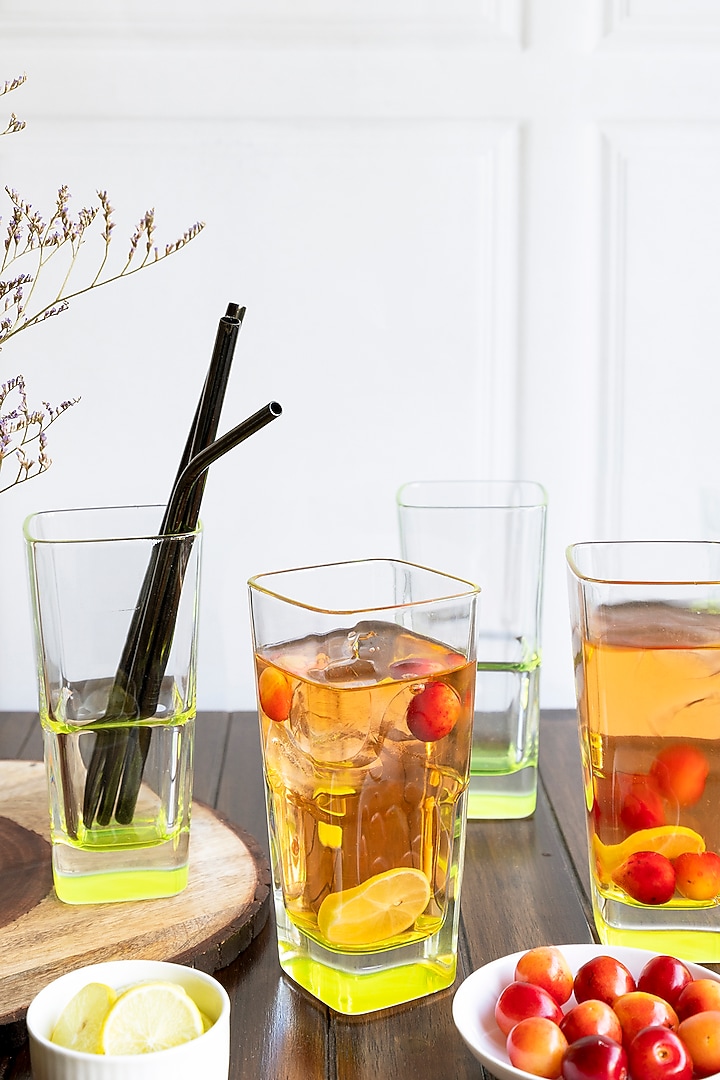 Squarish Clear Tall Glasses With Lemon Yellow Design (Set of 4) by H2H at Pernia's Pop Up Shop