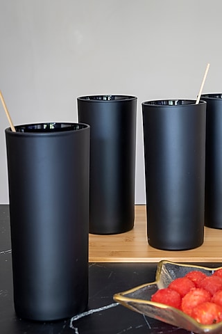 Round Tall Tumblers In Matte Black Glass (Set of 4) by H2H