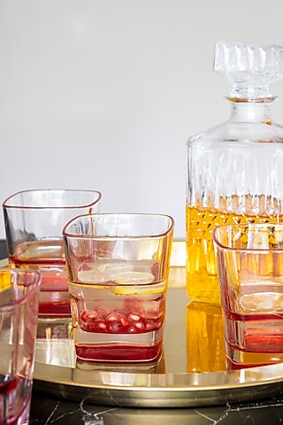 Squarish Clear Glasses With Red Design (Set of 4) by H2H