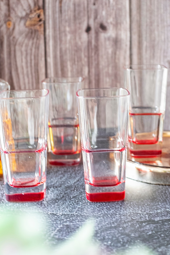 Squarish Clear Tall Glasses With Red Design (Set of 4) by H2H at Pernia's Pop Up Shop