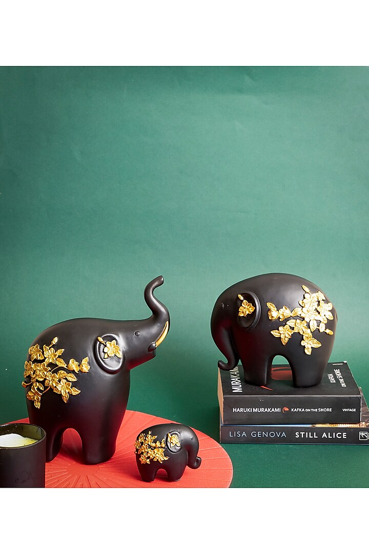 Black Polyresin Elephant Sculptures (Set of 3) by H2H