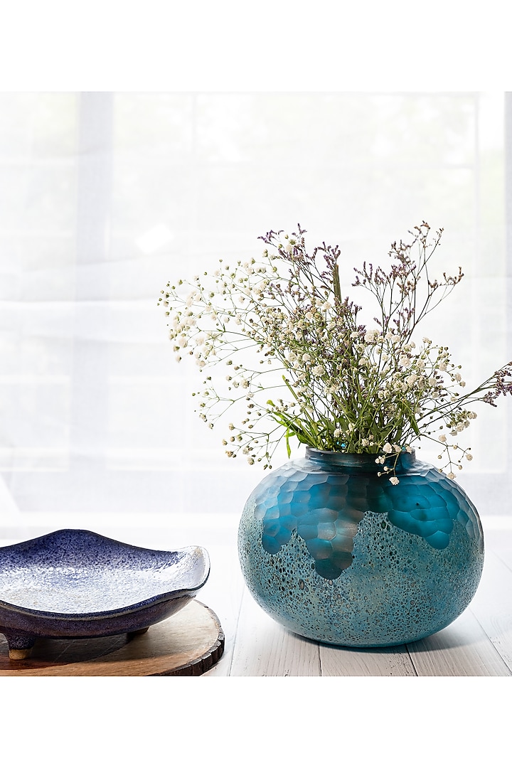 Blue Dual Textured Glass Vase by H2H