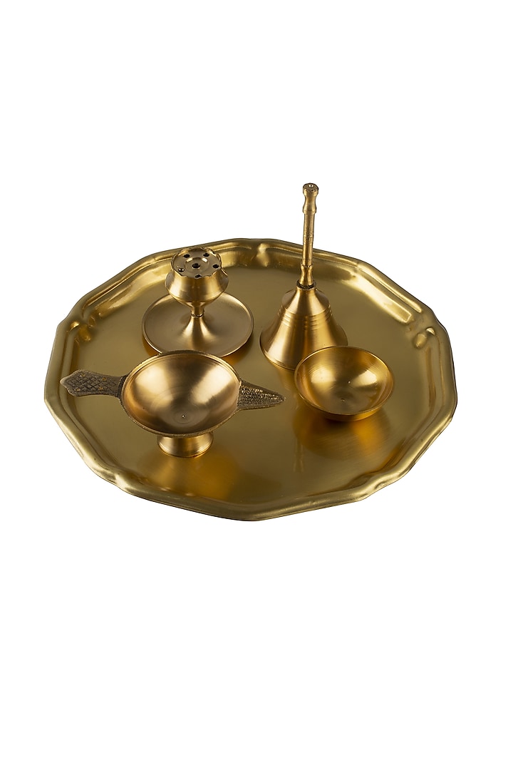 Gold Handcrafted Brass Pooja Thali Design by H2H at Pernia's Pop