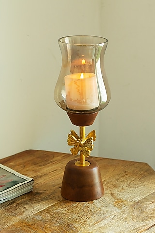 Brown Wooden & Glass Titli Candle Holder by H2H
