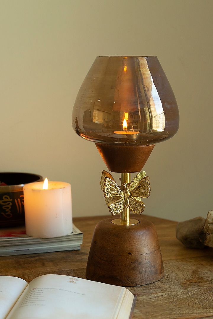 Brown Wooden & Brass Candle Holder by H2H
