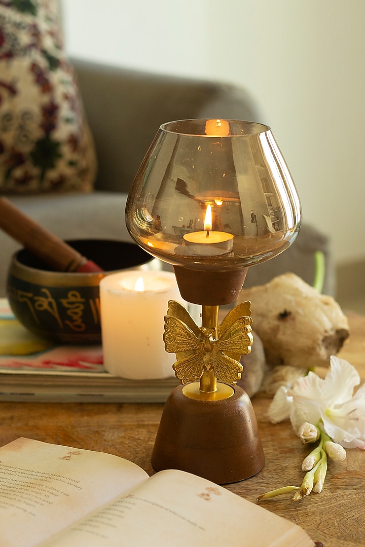Brown Wooden & Brass Candle Holder by H2H at Pernia's Pop Up Shop
