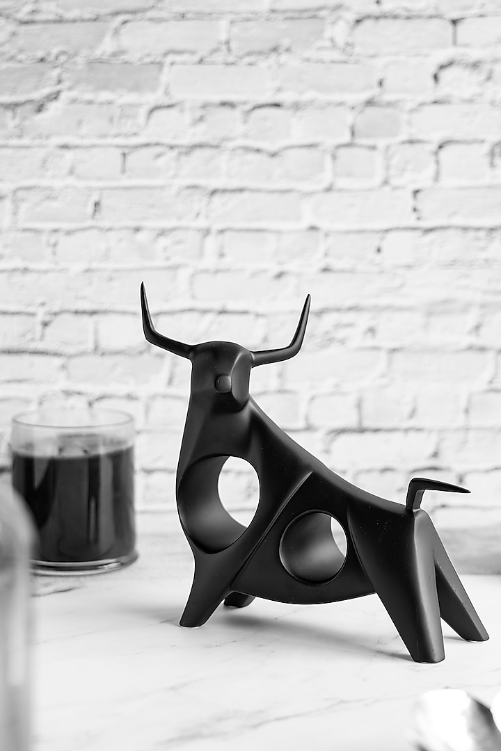 Black Ceramic Fearless Bull Sculpture by H2H