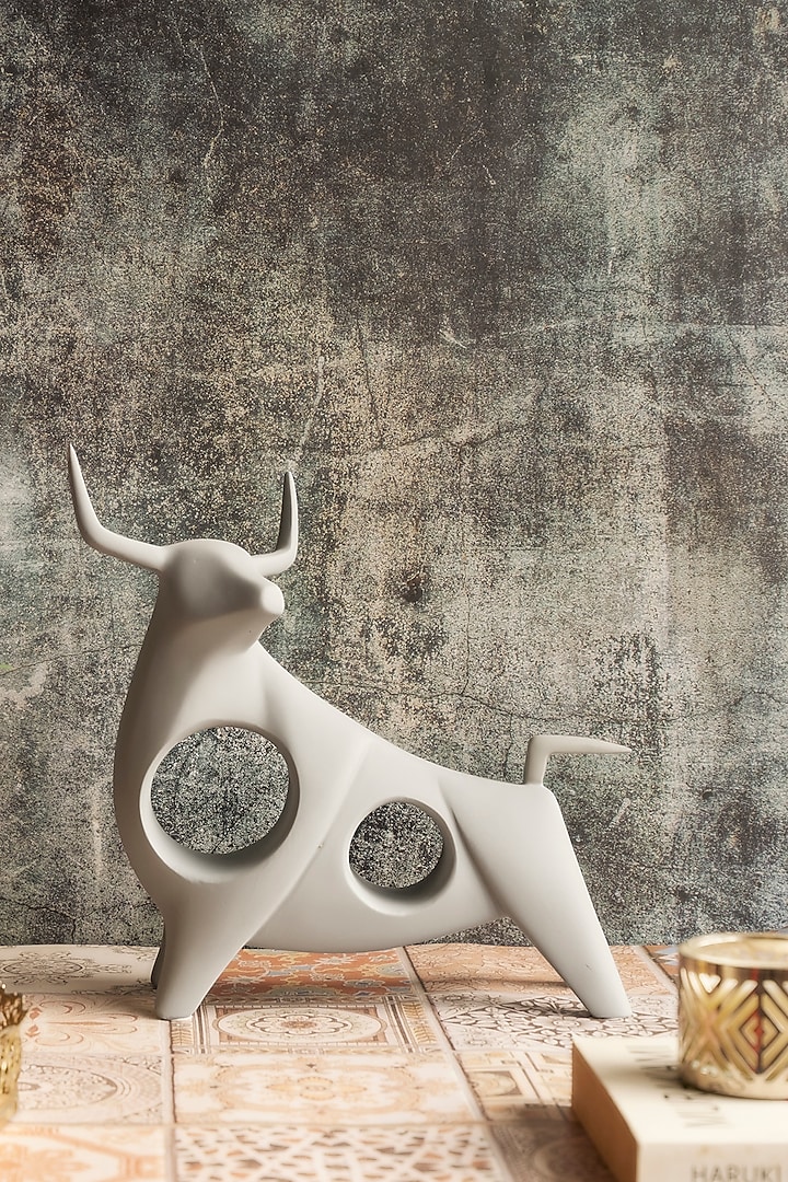 Grey Ceramic Fearless Bull Sculpture by H2H