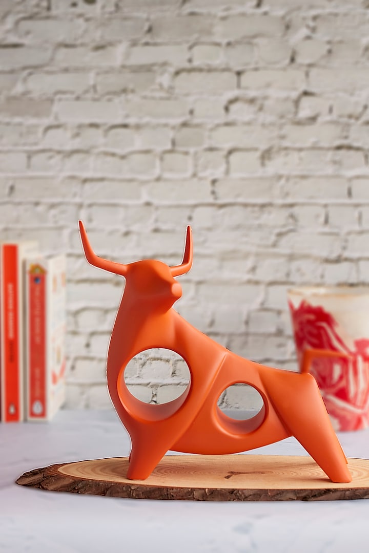 Orange Ceramic Fearless Bull Sculpture by H2H