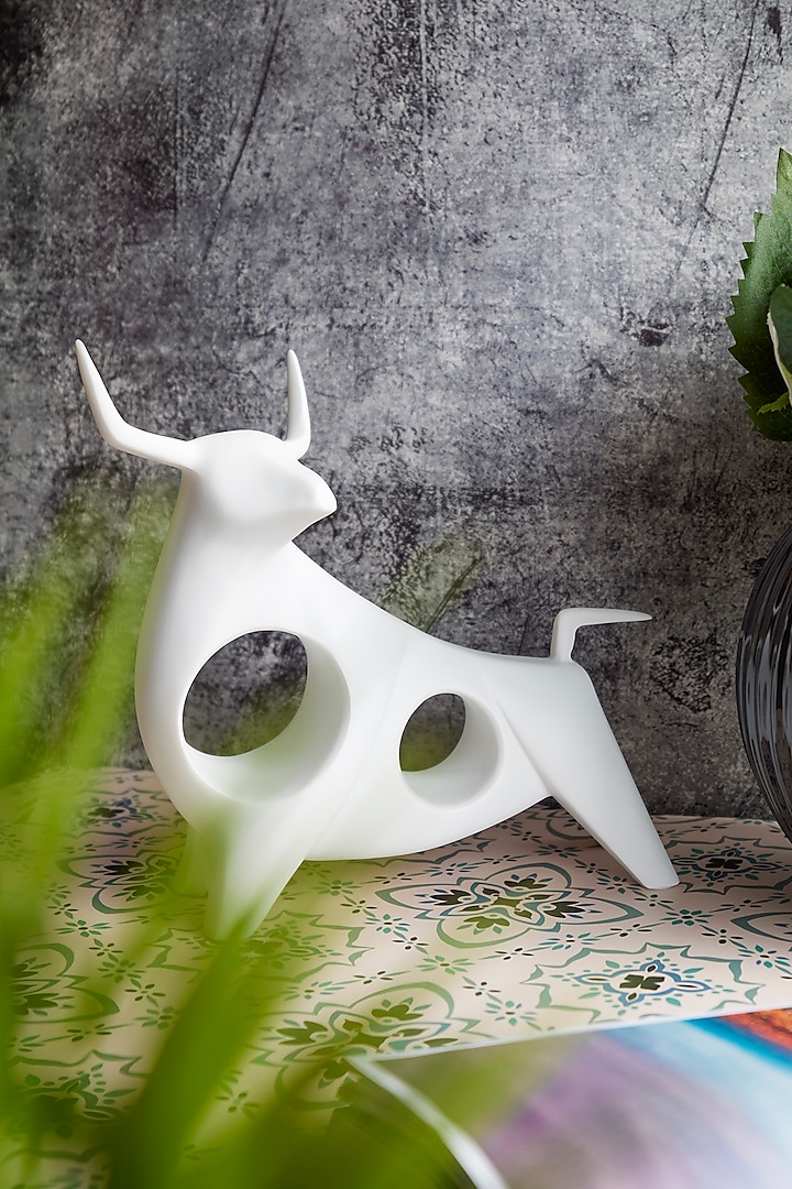 White Ceramic Fearless Bull Sculpture by H2H
