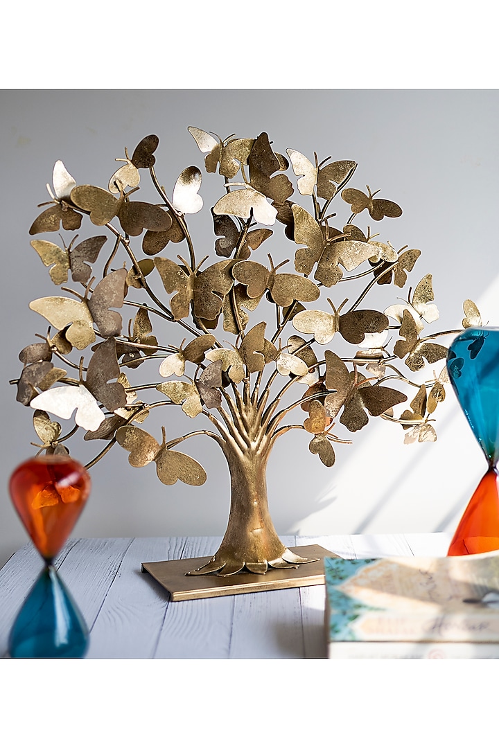 Gold Brass Tree Of Fluters & Butterfly Sculpture by H2H