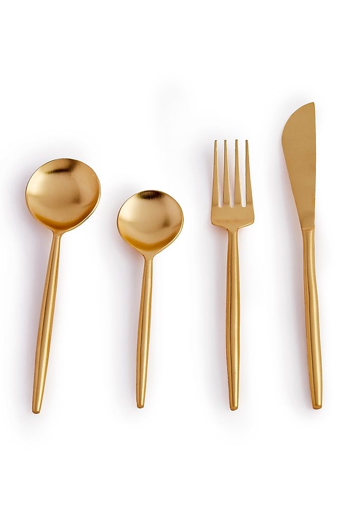 Gold Stainless Steel & Brass Cutlery Set (Set of 4) by H2H at Pernia's Pop Up Shop