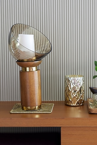 Brown Wood & Glass Crescent Candle Holder by H2H