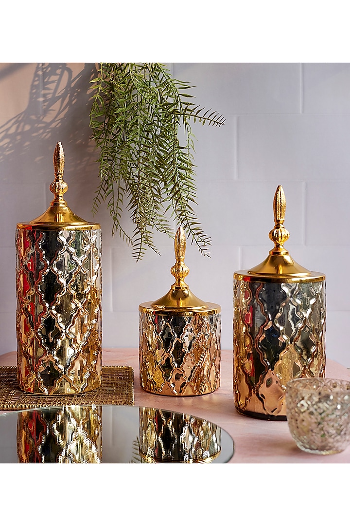 Gold Metal & Glass Jars (Set Of 3) by H2H
