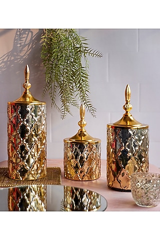 Gold Metal & Glass Jars (Set Of 3) by H2H