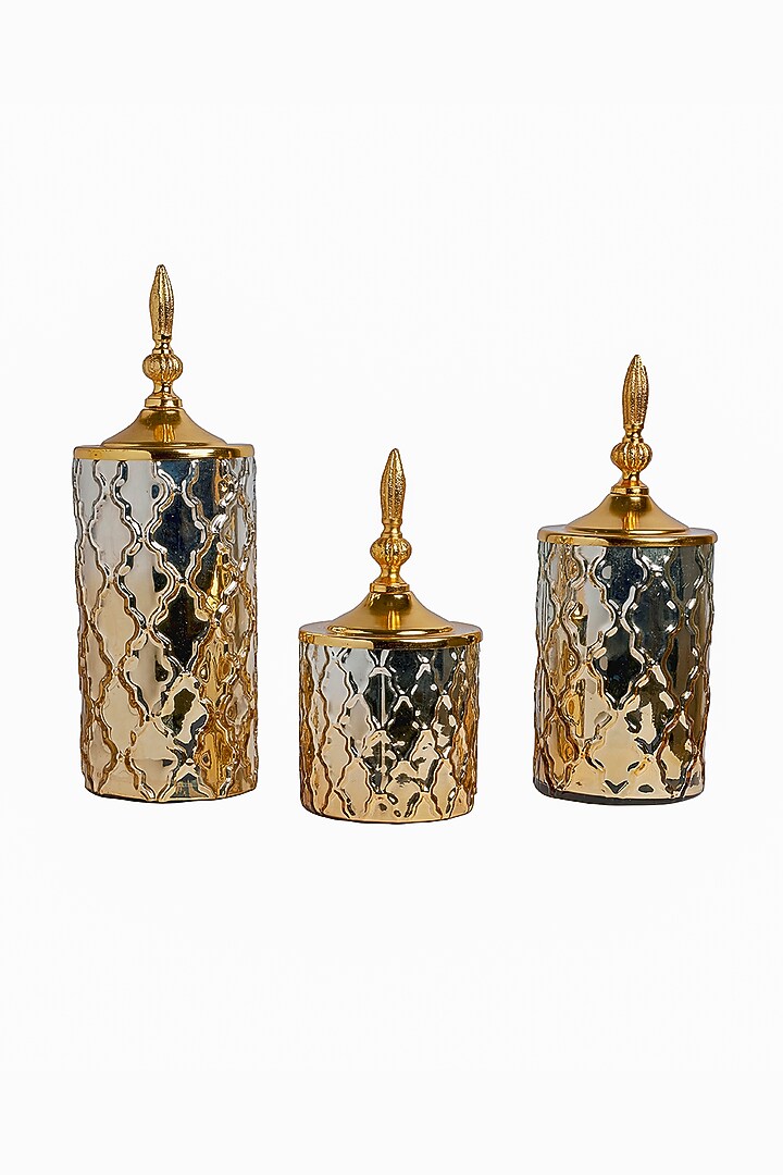 Gold Metal & Glass Jars (Set Of 3) by H2H at Pernia's Pop Up Shop