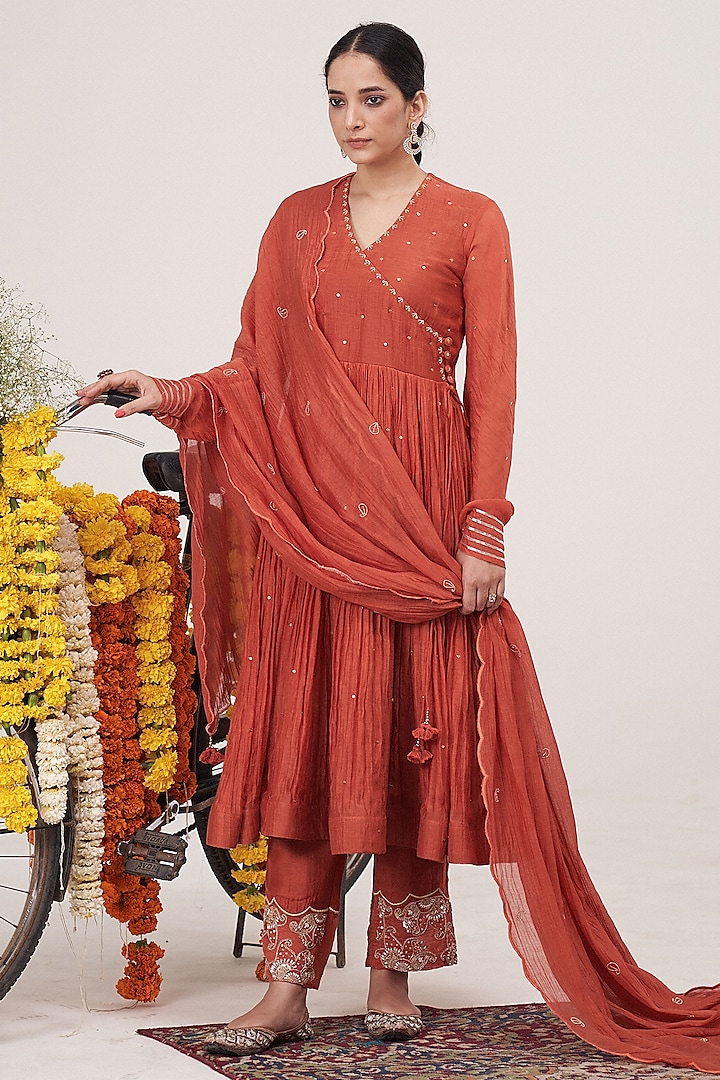 Rust Orange Malai Chanderi Zardosi Hand Embroidered Kalidar Anarkali Set by Hirika & Dhruti Label at Pernia's Pop Up Shop