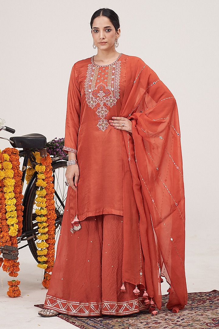 Rust Orange Chanderi Gota Sharara Set by Hirika & Dhruti Label at Pernia's Pop Up Shop