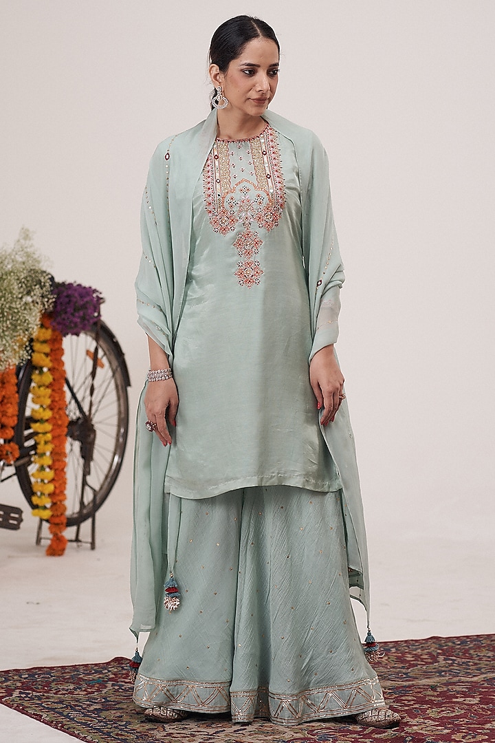 Sea Blue Chanderi Gota Sharara Set by Hirika & Dhruti Label at Pernia's Pop Up Shop