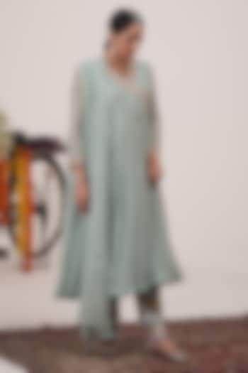 Sea Blue Malai Chanderi Mirror Embroidered Pleated Angrakha Kurta Set by Hirika & Dhruti Label at Pernia's Pop Up Shop